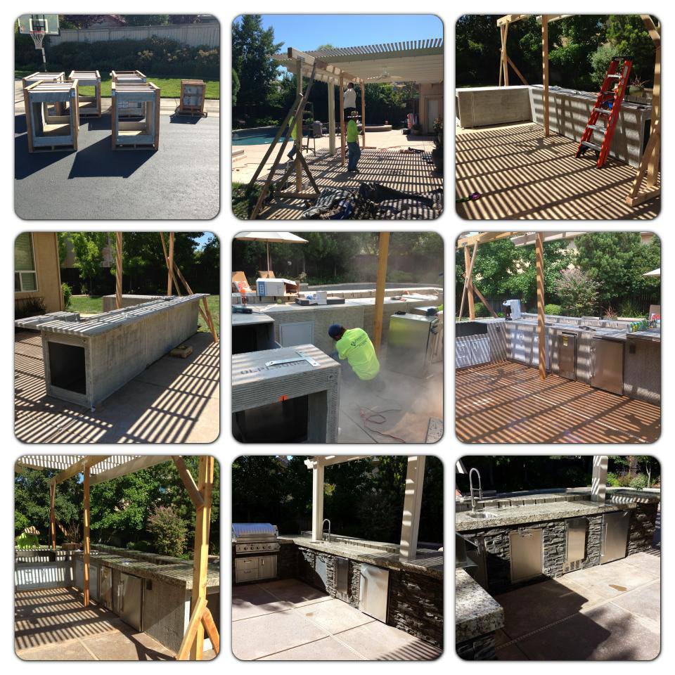 Outdoor kitchen landscape project shown before, during construction and after completion