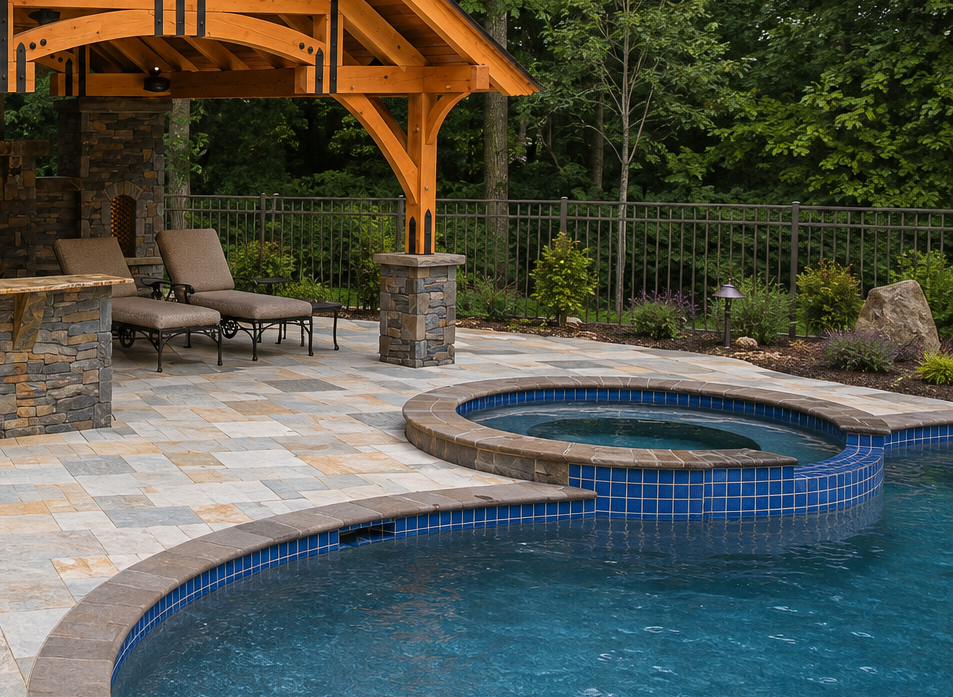Raised spa and pool water feature integrated into the landscape