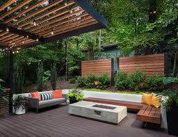 Wood bench integrated into landscape design