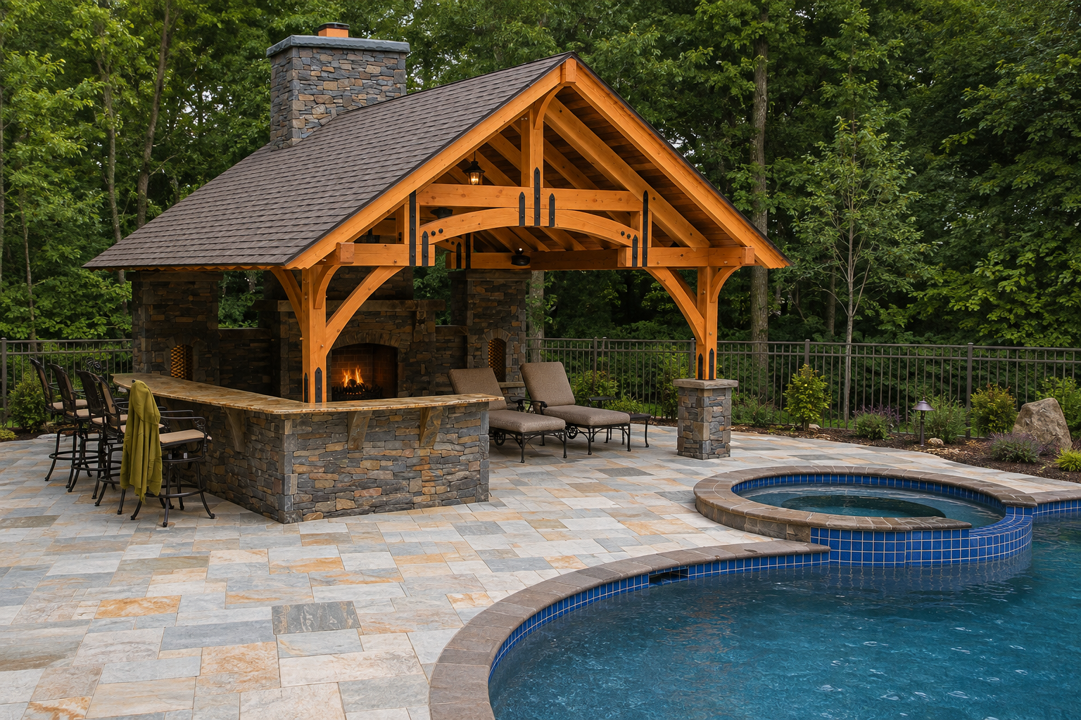 Rustic timber pavilion and outdoor living structure